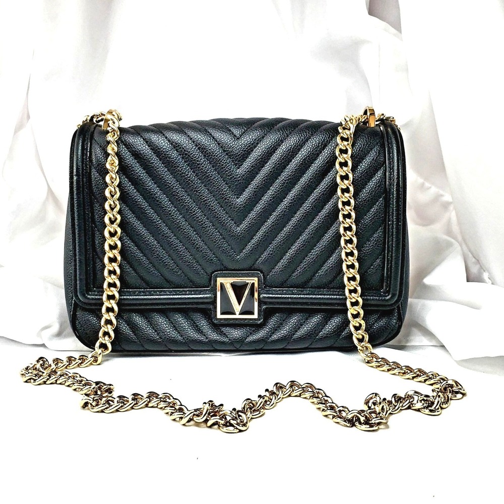 Victorias Secret Black Quilted Shoulder Bag With Gold Chain Strap Faux Leather